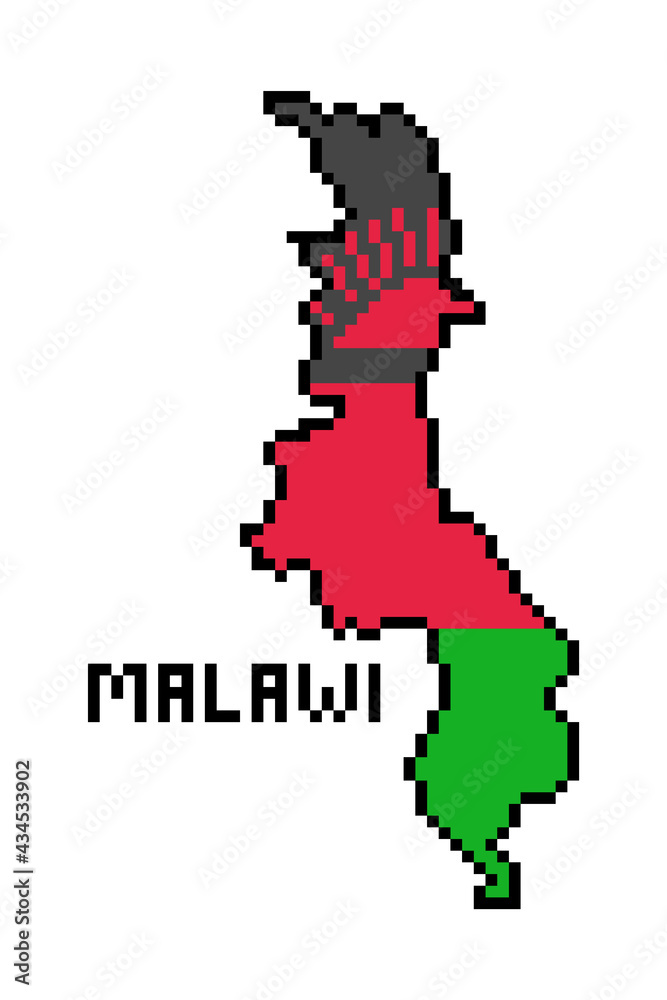 Republic of Malawi, 8 bit pixel art african country map with flag isolated on white background. Old school vintage retro 80s, 90s computer, video game graphics. Slot machine design element. Republic of Malawi, 8 bit pixel art african country map with flag isolated on white background. Old school vintage retro 80s, 90s computer, video game graphics. Slot machine design element.