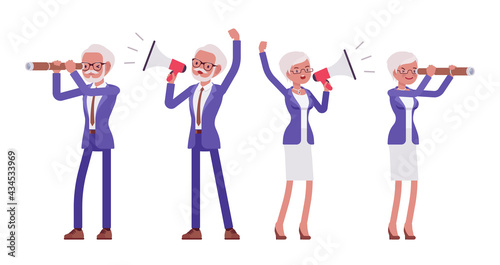 Handsome old man, woman, elderly businesspeople with megaphone, spyglass. Bossy senior manager, gray haired persons above 50 years. Vector flat style cartoon illustration isolated on white background