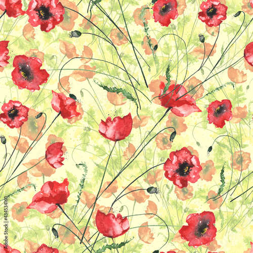Watercolor Red poppy, branch.Card with Red poppy flowers. Garden flowers.Seamless delicate pattern of bouquets. Summer flowers. Floral seamless background for textile or book covers, fabric, material 