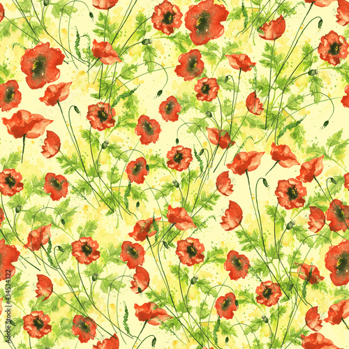 Watercolor Red poppy, branch.Card with Red poppy flowers. Garden flowers.Seamless delicate pattern of bouquets. Summer flowers. Floral seamless background for textile or book covers, fabric, material 
