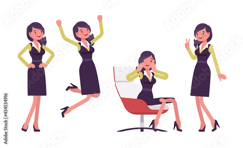 Attractive businesswoman, woman in formal black secretary pencil office dress. Successful manager, young entrepreneur, or owner. Vector flat style cartoon illustration isolated on white background