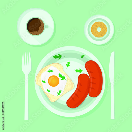 Vector breakfast time illustration with flat icons. Egg, toast, sausages, parsley, coffee, bun. Top view 