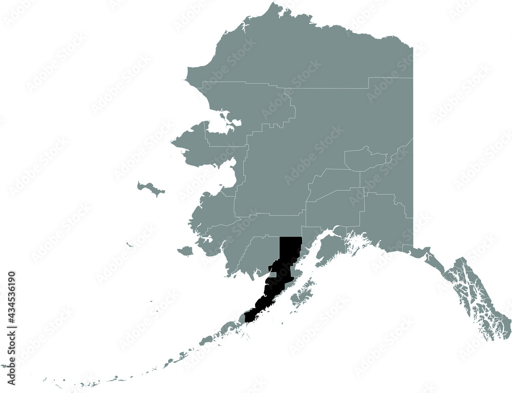 Obraz premium Black highlighted location map of the US Lake and Peninsula borough inside gray map of the Federal State of Alaska, USA
