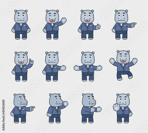 Cute hippo in suit mascot showing various hand gestures set. Cheerful hippopotamus pointing, greeting, showing thumb up, stop sign and other gestures. Modern vector illustration