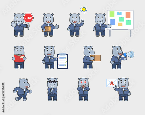 Cute hippo in suit mascot in various situations. Cheerful hippopotamus holding stop sign, parcel, loudspeaker, box, reading book and other actions. Modern vector illustration