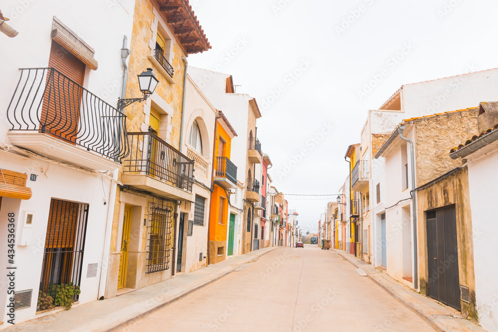 Vilanova d'Alcolea, Castellon province, Valencian Community, Spain. Beautiful historic city center. Typical spanish street. Narrow with no tourists.