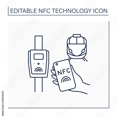 NFC line icon. Public transport payment system. Buying train tickets. Near Field Communication. Contactless payment concept. Isolated vector illustration. Editable stroke