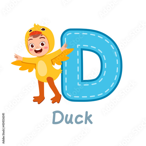 cute little kid wear costume for learn alphabet
