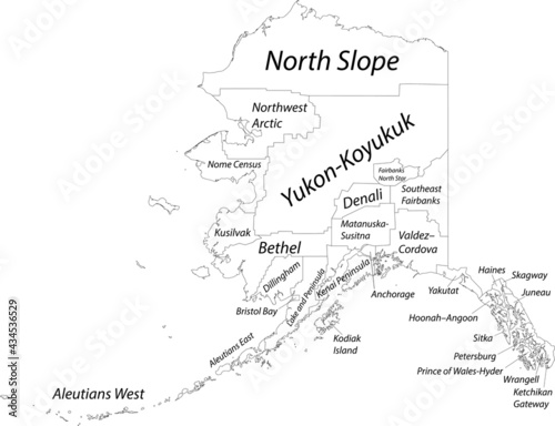 White blank vector map of the Federal State of Alaska, USA with black borders and names of its boroughs and census areas