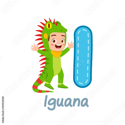 cute little kid wear costume for learn alphabet