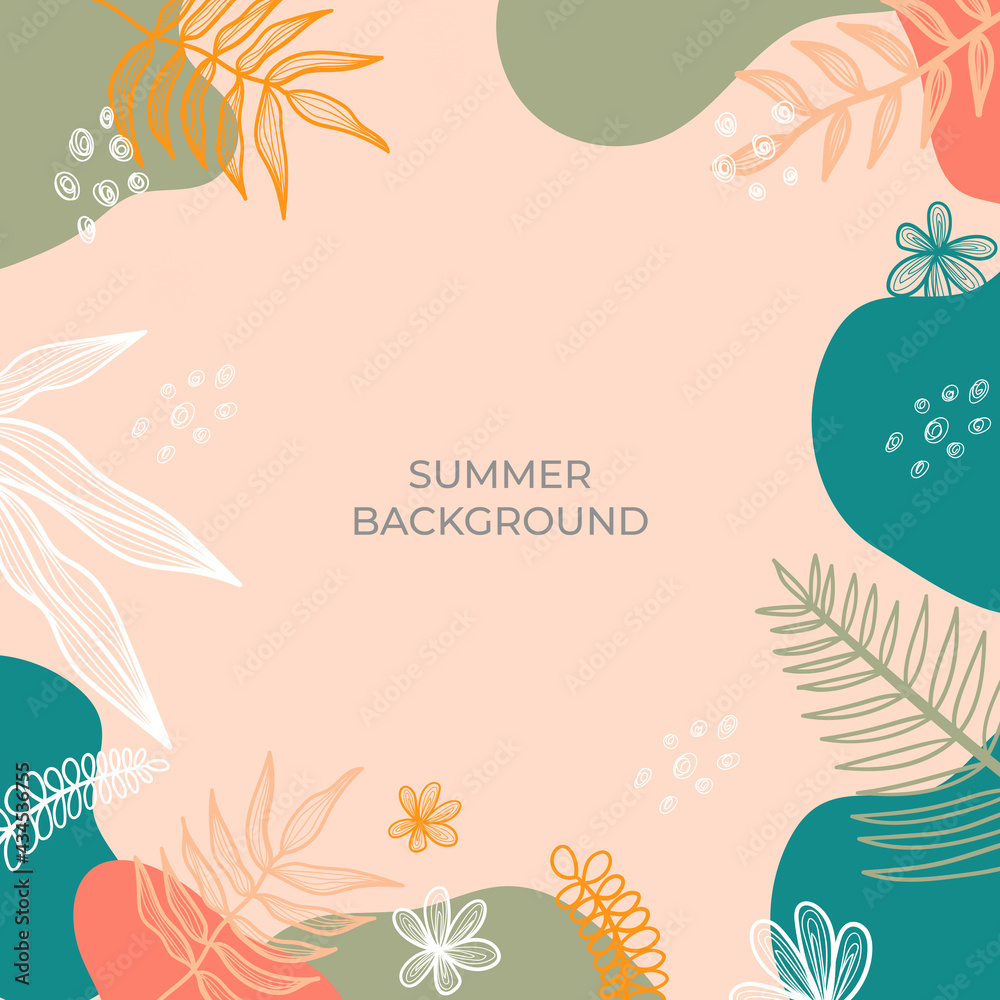 Summer square background with colourful leaves, floral, flower, and palm leaves. Social media stories design templates, backgrounds with copy space for text. Summer sale, social media ads content