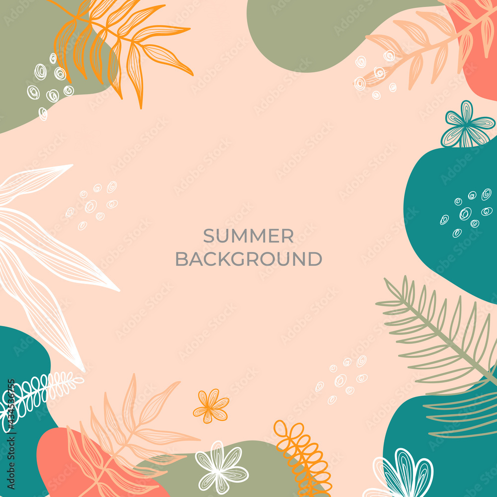 Naklejka premium Summer square background with colourful leaves, floral, flower, and palm leaves. Social media stories design templates, backgrounds with copy space for text. Summer sale, social media ads content