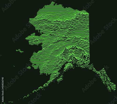 Topographic military radar tactical map of the Federal State of Alaska, USA with emerald green contour lines on dark green background