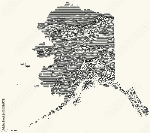 Light topographic map of the Federal State of Alaska, USA with black contour lines on beige background