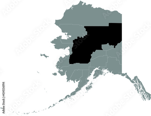 Black highlighted location map of the US Yukon-Koyukuk Census Area inside gray map of the Federal State of Alaska, USA