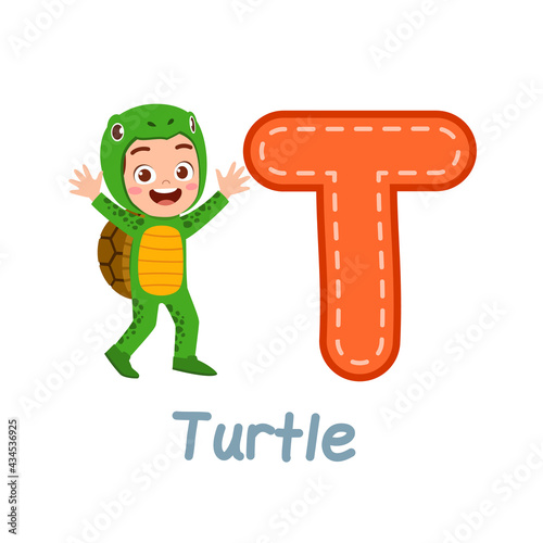 cute little kid wear costume for learn alphabet