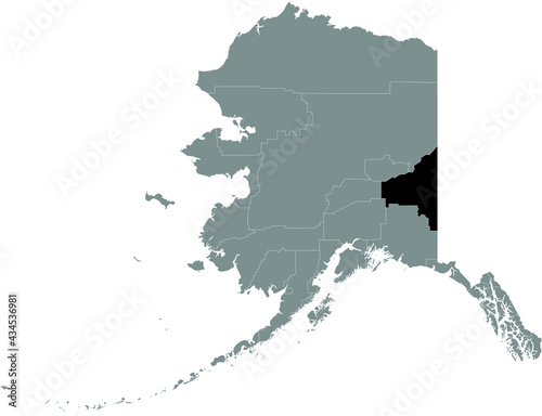 Black highlighted location map of the US Southeast Fairbanks Census Area inside gray map of the Federal State of Alaska, USA