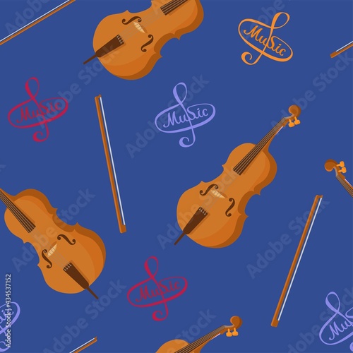 Contrabass with a bow. Stringed musical instruments. Illustration pattern. Flat vector
