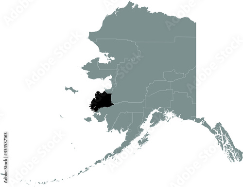 Black highlighted location map of the US Kusilvak Census Area inside gray map of the Federal State of Alaska, USA