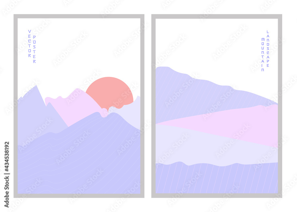 Fototapeta premium Vector illustration mountain landscape poster. Geometric landscape background in asian japanese style. Abstract symbol for print, poster, sticker, card design. 