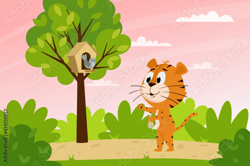 Cute cartoon tiger feeds a bird in the forest. Spring landscape. The symbol of the year. Animal character. Color vector illustration for kids.Flat style