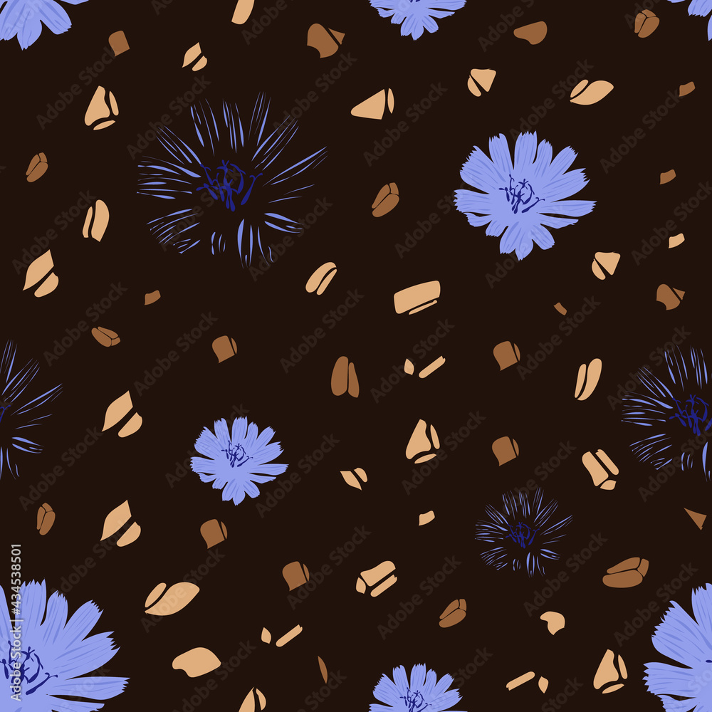 seamless pattern with chicory drink. Flowers chicory for wallpaper design. Vector print illustration.