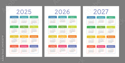 Pocket calendar 2025, 2026 and 2027 years. Portrait orientation. English colorful vector set. Vertical template. Design collection. Week starts on Sunday