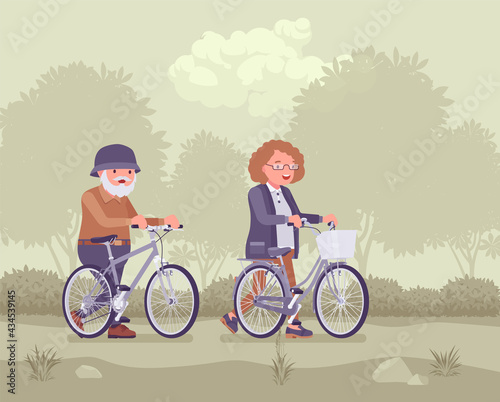 Active seniors, happy healthy elderly people enjoy sport, riding bicycle. Couple of older adults enjoying riding bike together, outdoor fun in park. Beautiful summer, spring nature scenery background