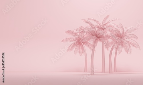 Palm trees on pink studio background with copy space. 3d rendering