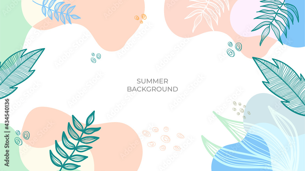 Colourful minimal summer background with flowers and tropical summer leaf. Luxury minimal style wallpaper with golden line art flower and botanical leaves, Organic shapes. Summer sale banner vector Colourful minimal summer background with flowers and tropical summer leaf. Luxury minimal style wallpaper with golden line art flower and botanical leaves, Organic shapes. Summer sale banner vector