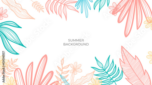 Colourful minimal summer background with flowers and tropical summer leaf. Luxury minimal style wallpaper with golden line art flower and botanical leaves, Organic shapes. Summer sale banner vector
