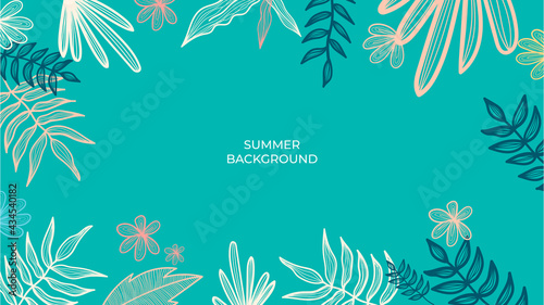 Colourful minimal summer background with flowers and tropical summer leaf. Luxury minimal style wallpaper with golden line art flower and botanical leaves  Organic shapes. Summer sale banner vector