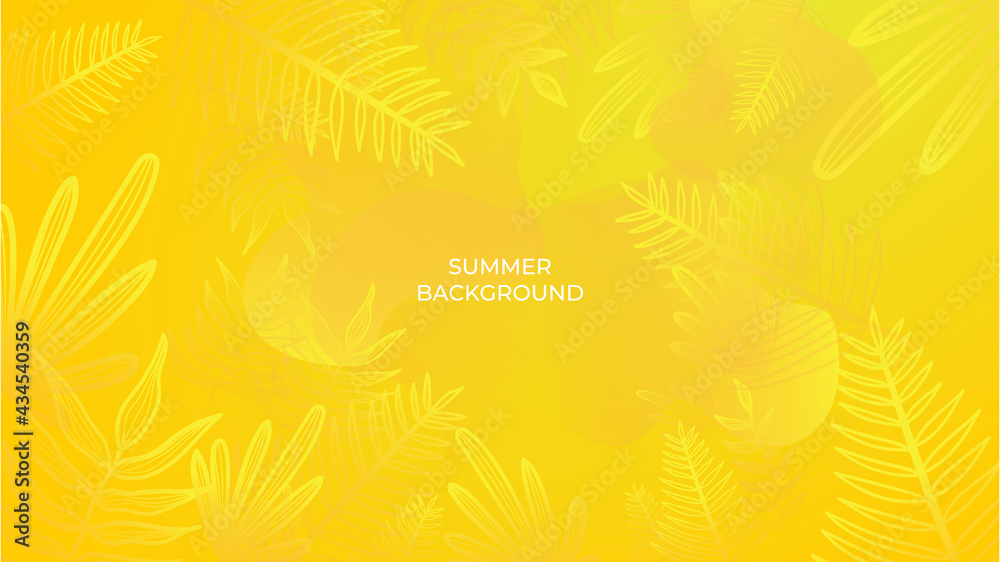 Colourful minimal summer background with flowers and tropical summer leaf. Luxury minimal style wallpaper with golden line art flower and botanical leaves, Organic shapes. Summer sale banner vector - obrazy, fototapety, plakaty 