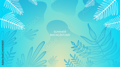 Colourful minimal summer background with flowers and tropical summer leaf. Luxury minimal style wallpaper with golden line art flower and botanical leaves, Organic shapes. Summer sale banner vector