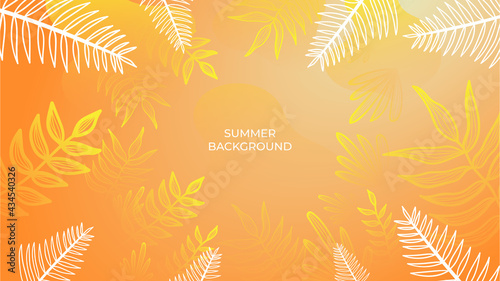 Colourful minimal summer background with flowers and tropical summer leaf. Luxury minimal style wallpaper with golden line art flower and botanical leaves, Organic shapes. Summer sale banner vector