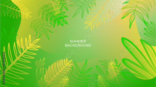 Colourful minimal summer background with flowers and tropical summer leaf. Luxury minimal style wallpaper with golden line art flower and botanical leaves, Organic shapes. Summer sale banner vector