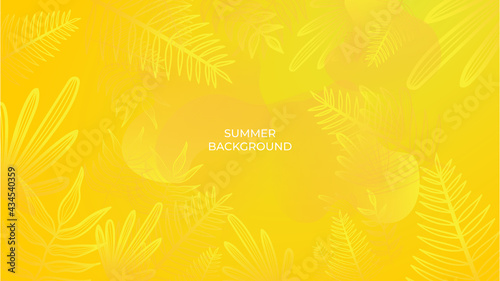 Colourful minimal summer background with flowers and tropical summer leaf. Luxury minimal style wallpaper with golden line art flower and botanical leaves, Organic shapes. Summer sale banner vector