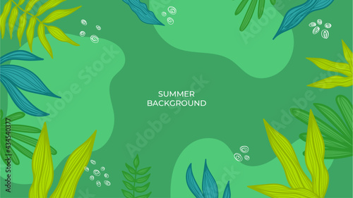 Colourful minimal summer background with flowers and tropical summer leaf. Luxury minimal style wallpaper with golden line art flower and botanical leaves, Organic shapes. Summer sale banner vector