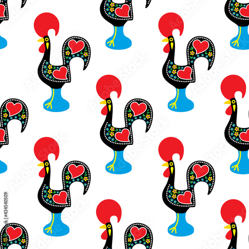 Portuguese Rooster of Barcelos folk art vector seamless pattern, Galo de Barcelos wallpaper or textile, fabric print design
