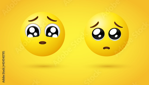 3d pleading face emoji with glossy eyes - yellow sad emotion - sadness emoticon face with furrowed eyebrows