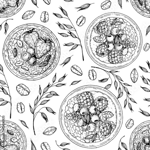 Granola , muesli seamless pattern . Oat flakes and breakfast bowl hand drawn sketch. Granola Breakfast. Muesli food menu design. Hand drawn vector illustration. Granola design, porridge for breakfast