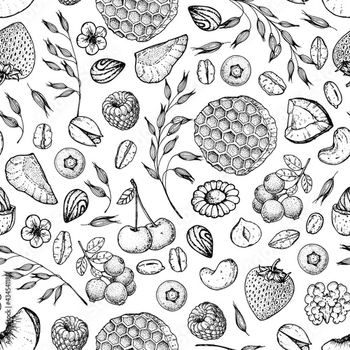 Granola , muesli seamless pattern . Oat flakes for breakfast hand drawn sketch. Granola Breakfast. Muesli food menu design. Hand drawn vector illustration. Granola package design