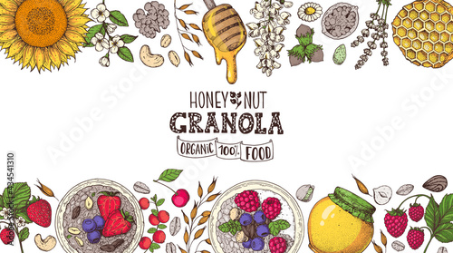Granola ingredients illustration. Oat flakes , berries, fruits and nuts hand drawn. Granola Breakfast top view frame. Muesli food menu design. Hand drawn vector illustration. Granola colorful design