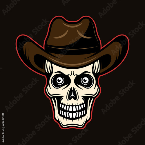 Skull in cowboy hat vector illustration in colorful cartoon style isolated on dark background © Flat_Enot