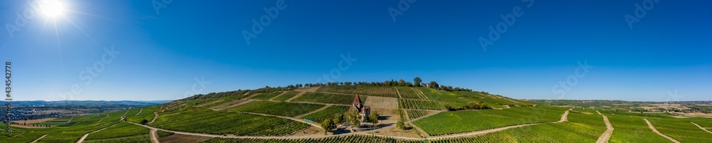 Bird's eye view of the Kreuzkapelle in the middle of vineyards near Gau Bickelheim / Germany 