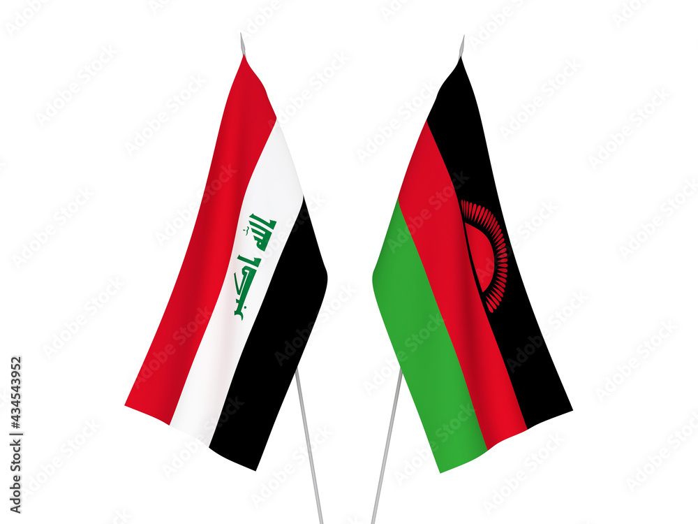 National fabric flags of Iraq and Malawi isolated on white background. 3d rendering illustration. National fabric flags of Iraq and Malawi isolated on white background. 3d rendering illustration.