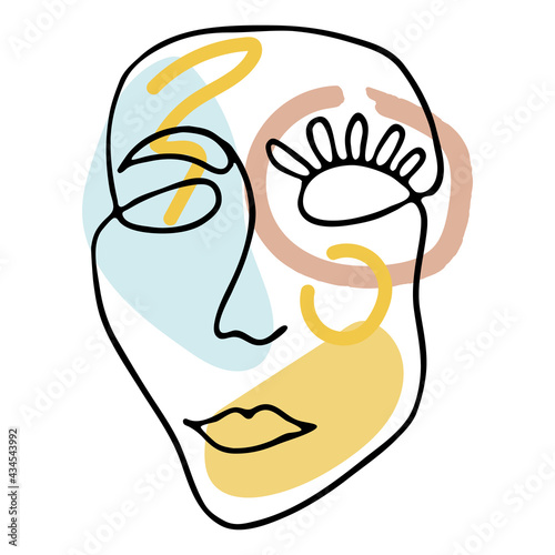Black outline abstract face on white background. Hand drawing line art illustration. Female portrait with colorful geometric shapes.