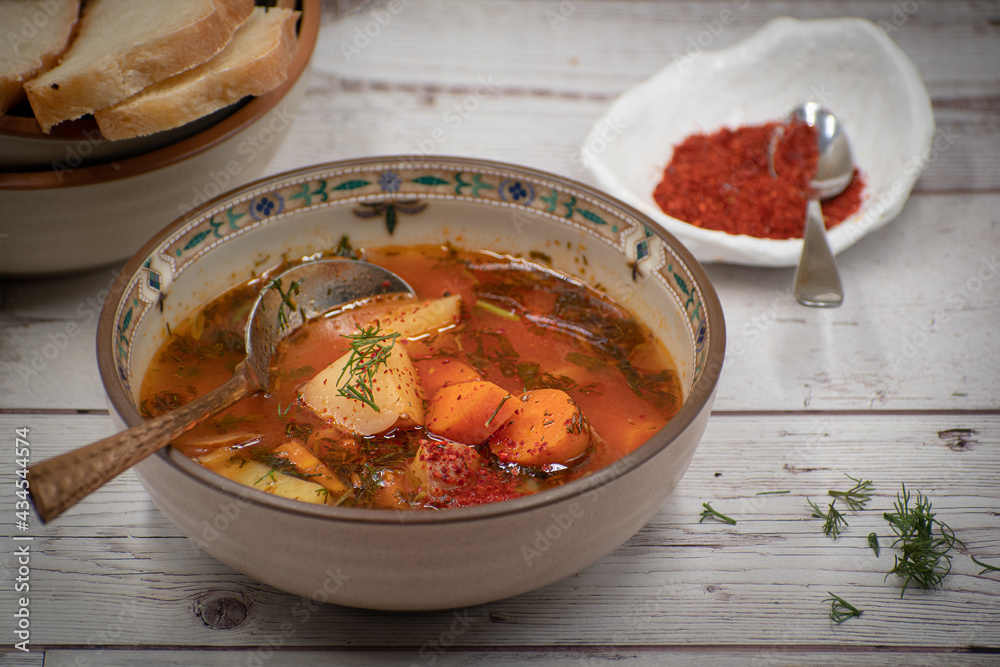Vegan carrot and potato soup in ceramic bowl on wooden table, copy space Vegan carrot and potato soup in ceramic bowl on wooden table, copy space