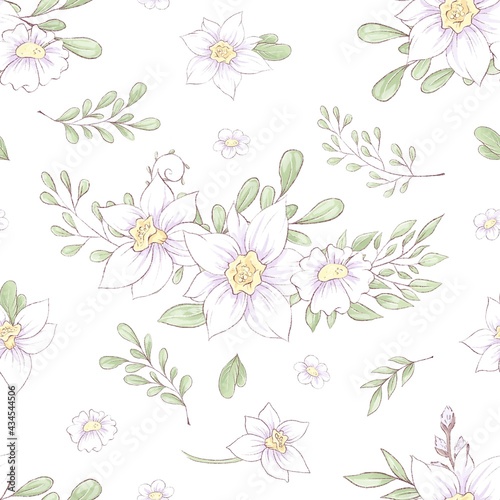 Seamless pattern of spring beautiful flowers daffodils