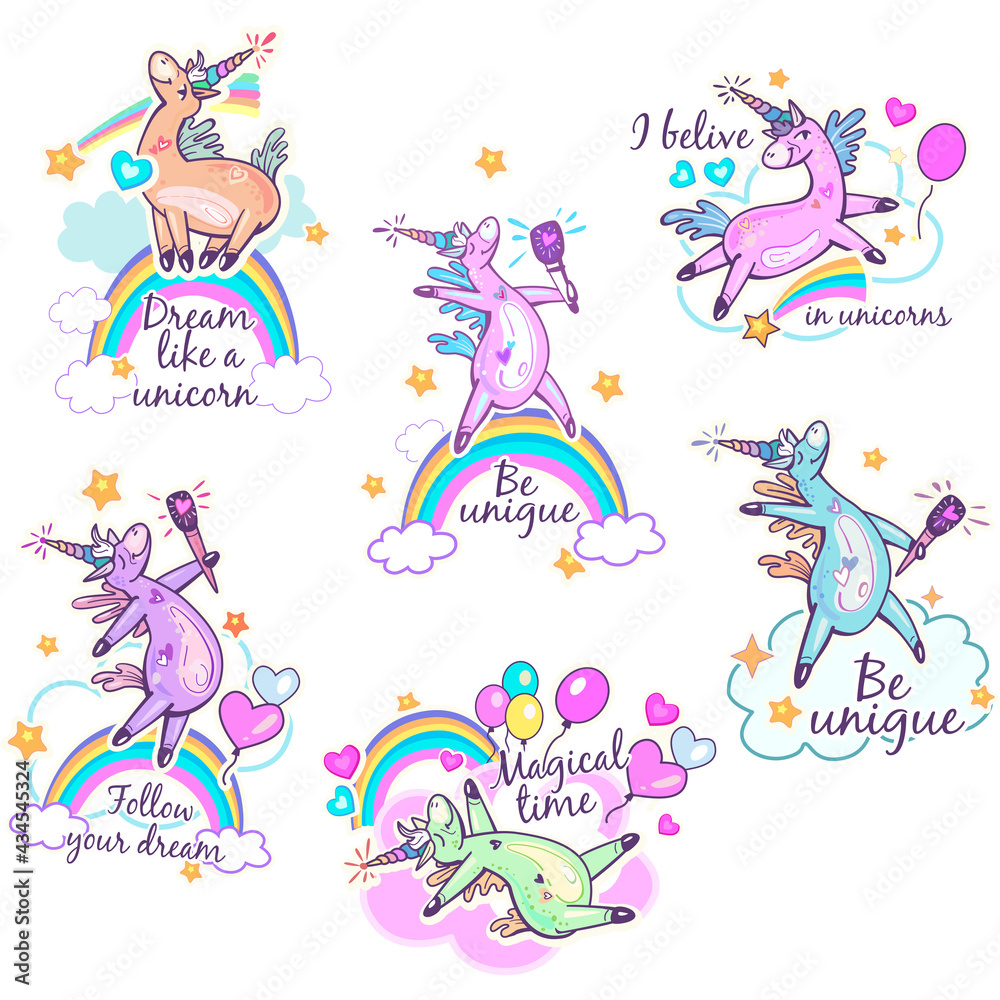 Magical cute Unicorn stickers design for fashion graphics, t shirts, prints, posters Magical cute Unicorn stickers design for fashion graphics, t shirts, prints, posters